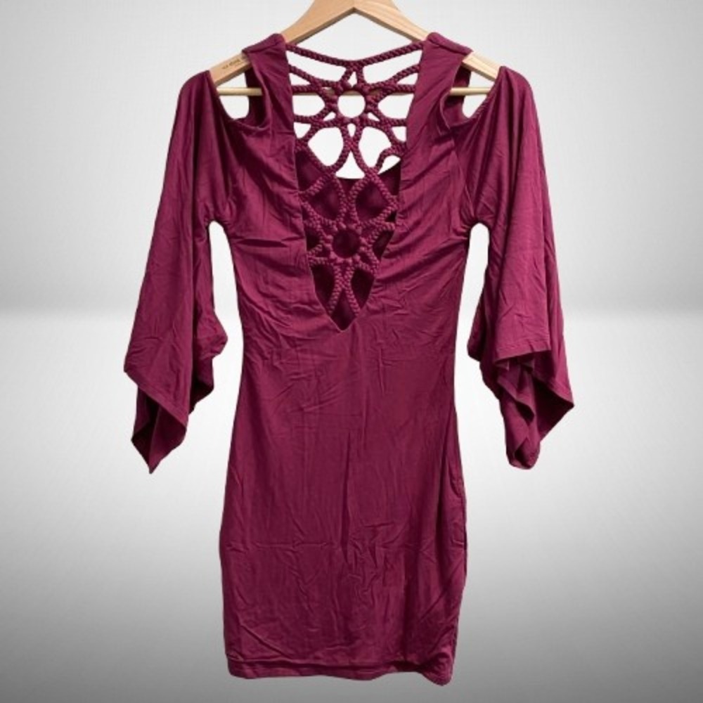 NEW Sky Burgundy Macrame Braided Back Cold Shoulder Bell Sleeve Mini Dress Small